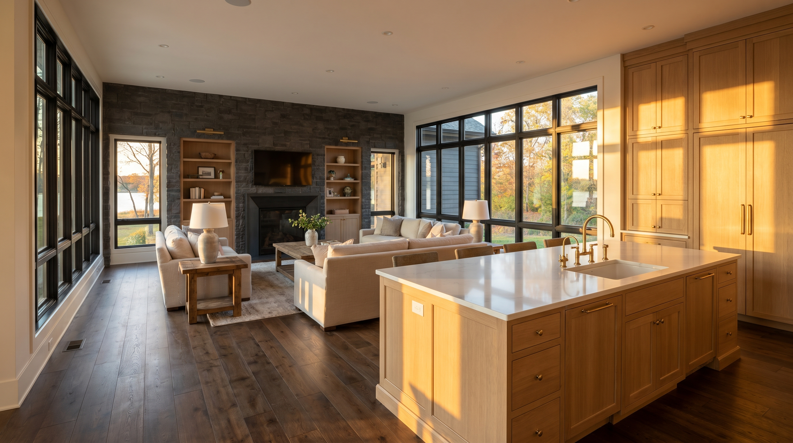 Beautifully renovated open-plan living room and kitchen by ABK Residential Contracting