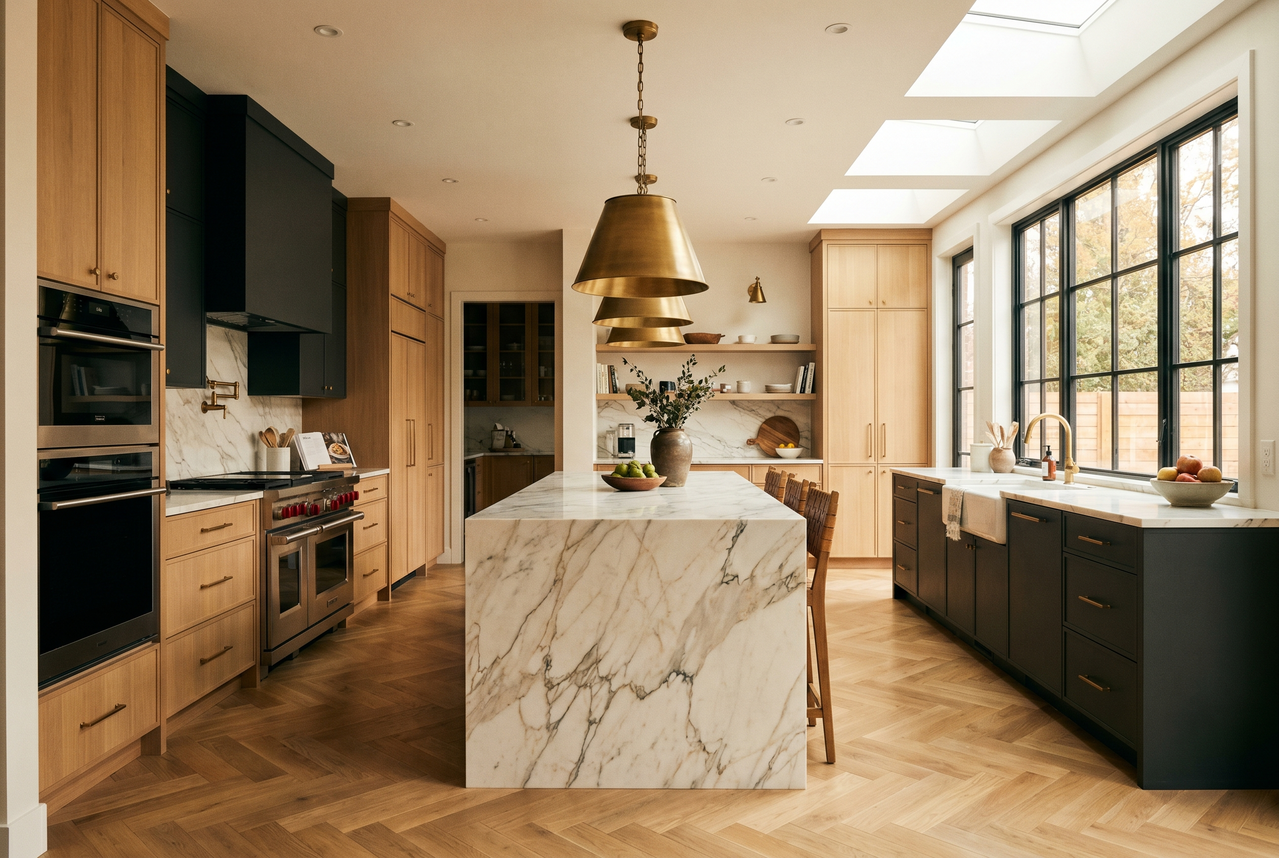 Luxury kitchen remodel with marble waterfall island